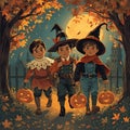 Three children dressed in Halloween costumes walk under autumn trees with orange leaves. Royalty Free Stock Photo