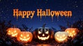 Happy Halloween Greeting with Glowing Jack-O\'-Lanterns - Spooky Night Banner and Background - 3D Render Royalty Free Stock Photo
