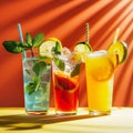 Three tall glasses containing colorful beverages sit against an orange backdrop Royalty Free Stock Photo