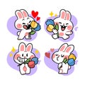 Cute bunny holding colorful flowers with adorable expressions doodle illustration Royalty Free Stock Photo