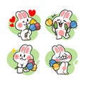 Four White Bunnies Holding Colorful Tulip Flowers Cartoon Doodle illustration Royalty Free Stock Photo