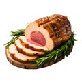 Sliced cooked ham is displayed on a rustic wooden board, garnished with sprigs of fresh rosemary Royalty Free Stock Photo