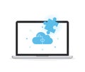 A puzzle piece with a cloud shape that perfectly fits into a socket on a laptop, on a white background. Royalty Free Stock Photo
