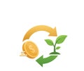 Two arrows forming a cycle: one arrow is a coin rolling, the other is a plant growing. Royalty Free Stock Photo