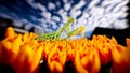Green Praying Mantis Against Cloudy Sky on Orange Flower Royalty Free Stock Photo