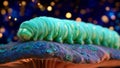 Luminous Green Caterpillar on a Magical Purple Mushroom Royalty Free Stock Photo