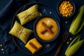 Brazilian Pamonha with Cheese and Corn in a Navy Ceramic Bowl - AI generaetd Royalty Free Stock Photo