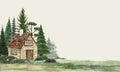A rustic cabin with a red-tiled roof is nestled among tall coniferous trees, including pines and firs Royalty Free Stock Photo
