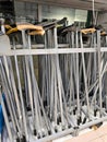 Malaysia November 2 2025 Row of Metal Hoes Arranged Vertically on Rack Royalty Free Stock Photo