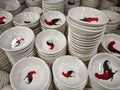 Malaysia November 2 2025 Stacked White Ceramic Bowls with Rooster Motif Royalty Free Stock Photo