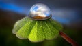 Water Droplet Dome on Green Leaf with Sky Reflection Royalty Free Stock Photo