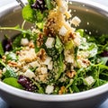 A vibrant salad featuring fresh greens, quinoa, walnuts, and feta cheese cubes being tossed generative ai Royalty Free Stock Photo