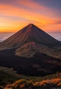 Conical volcanic peak, Cerro Verde National Park, El Salvador, under a vibrant sunrise. AI Royalty Free Stock Photo