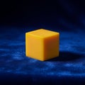 A small, smooth, yellow plastic cube rests on a dark blue, velvety fabric.AI Royalty Free Stock Photo