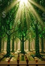 Digital forest scene with trees featuring currency symbols like the dollar, euro, yen, AI Royalty Free Stock Photo