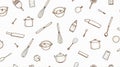Seamless HD Pattern of Hand-Drawn Kitchen Utensils and Cookware on White Background Royalty Free Stock Photo