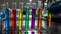 Rack of Colorful Liquid Test Tubes in a Science Laboratory Royalty Free Stock Photo
