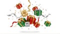 Exploding Christmas Gifts and Confetti on White Background Royalty Free Stock Photo