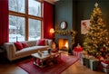 Cozy Christmas Living Room with Fireplace and Decorated Tree Royalty Free Stock Photo