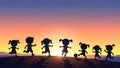 Group of Happy Children Silhouettes Running and Playing at Sunset Royalty Free Stock Photo
