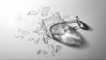 A broken wine glass lies on a smooth, white surface, surrounded by scattered shards of varied sizes Royalty Free Stock Photo