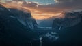 Sunset over Yosemite Valley in Yosemite National Park, California, features dramatic clouds and mist Royalty Free Stock Photo