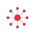 A central red node connecting to multiple smaller red nodes in a radial network design. Royalty Free Stock Photo