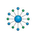 A central blue sphere connecting to multiple smaller blue and green spheres in a radial network. Royalty Free Stock Photo