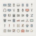 Collection of office equipment and stationery icons arranged in rows. Royalty Free Stock Photo
