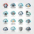 Fifteen icons represent various cloud computing concepts, set against a white background. Royalty Free Stock Photo