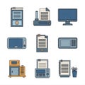 Illustration featuring a grid of nine stylized office-related icons on a white background. Royalty Free Stock Photo