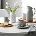 White dining table set for breakfast. Royalty Free Stock Photo