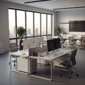 Modern office space featuring large floor-to-ceiling windows with a cityscape view. Royalty Free Stock Photo