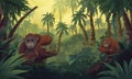A lush tropical rainforest scene featuring two orangutans (Pongo pygmaeus). They are perched on large fallen logs Royalty Free Stock Photo