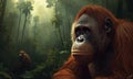 Two orangutans (Pongo spp.) are depicted amid a lush, dense jungle Royalty Free Stock Photo