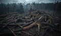 Severely deforested landscape with numerous fallen trees and logs scattered across the rocky ground Royalty Free Stock Photo