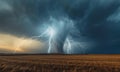 A dramatic scene of a thunderstorm over a flat, rural landscape. Multiple lightning bolts illuminate the dark Royalty Free Stock Photo