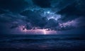 Intense lightning storm over the ocean at night. Dark, dramatic clouds fill the sky Royalty Free Stock Photo