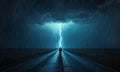 A person walks down a deserted, rain-soaked road under a dramatic night sky Royalty Free Stock Photo
