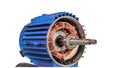 Open Blue Industrial Electric Motor: Rotor, Stator, and Copper Windings Isolated on White Royalty Free Stock Photo