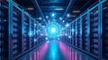 LED-Lit Server Room with Digital Sphere and Holographic Icons for Cloud, Data, and Security Royalty Free Stock Photo