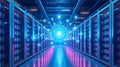 Digital Sphere and Server Racks in LED-Lit Data Center with Holographic Icons for Cloud and Security Royalty Free Stock Photo