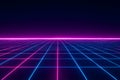 A retro-futuristic digital landscape featuring a grid pattern extending into the horizon. Royalty Free Stock Photo
