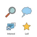 Illustration with four icons: a magnifying glass with a brown handle a blue thought bubble with text lines Royalty Free Stock Photo