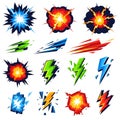 A collection of dynamic graphic elements featuring bursts, speed lines, and lightning bolts in various colors. Royalty Free Stock Photo