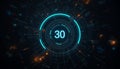 A futuristic digital interface with a glowing blue circle and the number 30 in the center Royalty Free Stock Photo