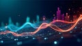 Digital Visualization with Orange and Blue Waveforms, Purple and Teal Equalizer Bars, and Glowing Particles on Dark Background Royalty Free Stock Photo