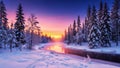 Winter forest at night with sunset, purple and orange sky over snowy trees Royalty Free Stock Photo