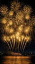 Gold glittering fireworks display background for New Year celebration, dark space for text Royalty Free Stock Photo