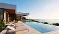 Modern villa with infinity pool and wooden deck, contemporary architecture, luxury house exterior Royalty Free Stock Photo
